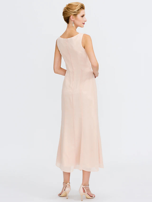 Zweiteiliges Etuikleid/Säulenkleid für die Brautmutter, Übergröße, elegant, Rundhalsausschnitt, knielang, Chiffon, ärmellos, Wickelkleid, inklusive Schärpe/Band, Falten, Perlenbesatz